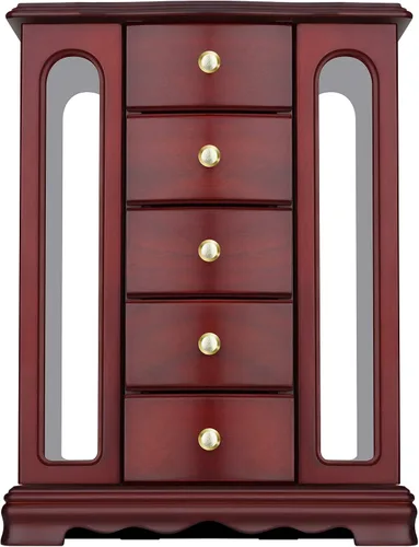 RR ROUND RICH DESIGN Joyero Hecho de madera maciza con organizador de 5 cajones tipo torre y 2 puertas en los lados, color marrón oscuro