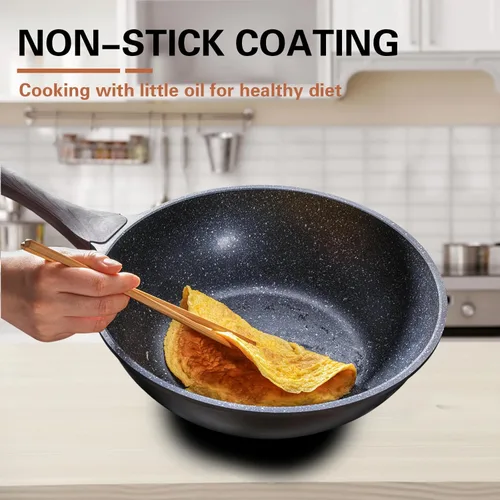 Miniatura 3 de Kordisen Wok antiadherente con tapa, woks y sartenes de 12 pulgadas, revestimiento de piedra de granito para cocinar, utensilios de cocina de Negro