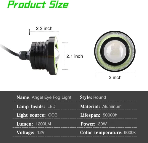 Miniatura 2 de 2 piezas de Faros antiniebla súper brillantes de 6 cm, proyector universal LED, 12V, 10W, azul, halo COB, anillos de ojo de ángel, para faro