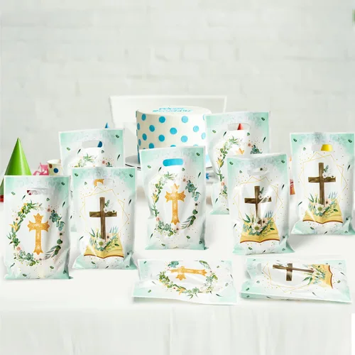 Miniatura 4 de 50 bolsas de regalos de fiesta cruzada para bautismo, primera comunión, bolsa impermeable con asas troqueladas, bolsas de regalo de plástico