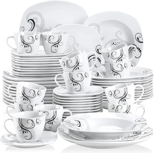 Miniatura 32 de VEWEET, Serie Fiona - Juego de vajilla de 30 piezas para 6 personas, blancos con rayas negras y grises, vajilla de porcelana de platos de postre