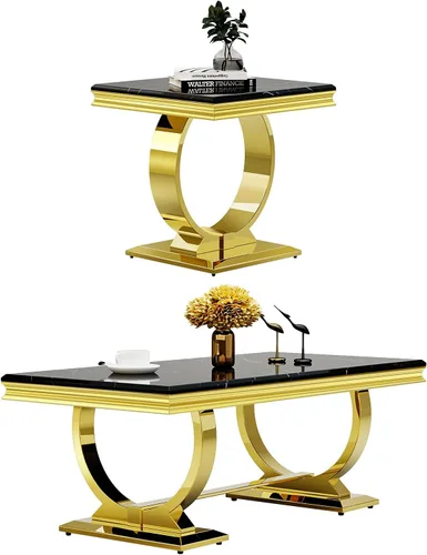 Miniatura 17 de ACEDÉCOR Moderno juego de mesa de centro de 4 piezas, dorado, mesa de mármol sintético, incluye mesa auxiliar, 2 mesas auxiliares, mesa consola, Oro