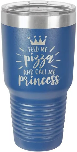 Miniatura 12 de Vaso grabado con pajita y tapa superior deslizante de acero inoxidable para viaje con texto en inglés "FEED ME PIZZA AND CALL ME PRINCESS