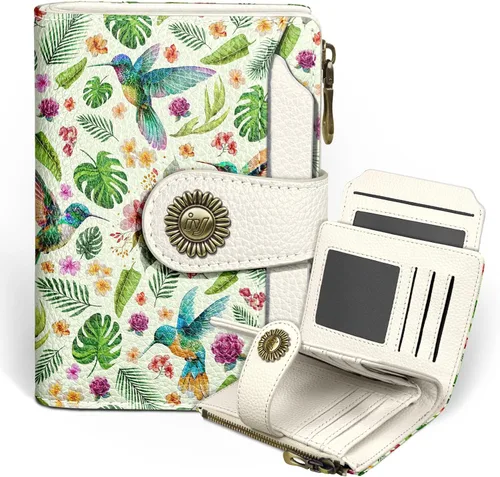 Miniatura 37 de Icycay Cartera pequeña para mujer, plegable con bloqueo RFID, soporte para tarjetas de crédito, bolsillo con cremallera para monedas, piel