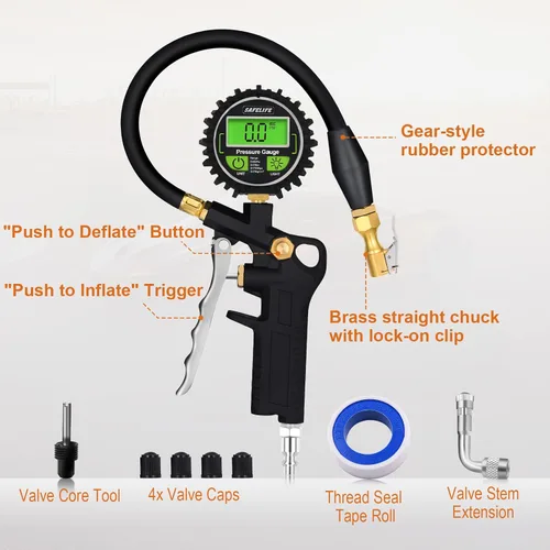 Miniatura 2 de SAFELIFE Medidor Digital de Presión de Neumáticos con Inflador, Portabrocas de Aire de 250 PSI con Manómetro y Accesorio Inflador de Neumáticos