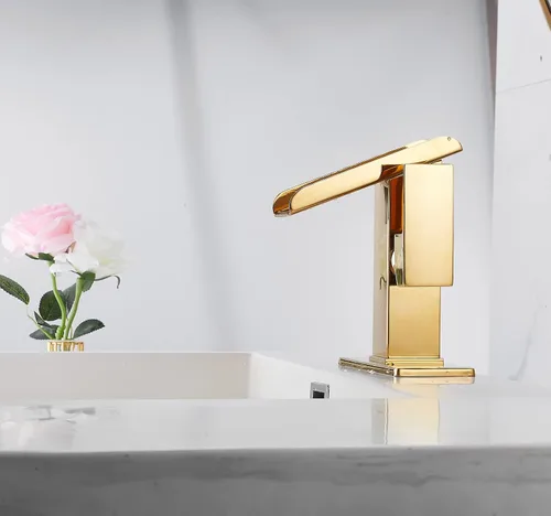 Miniatura 7 de Grifo de lavabo de baño dorado de una sola manija de 1 o 3 agujeros de 4 pulgadas, cascada de 4 pulgadas, grifo de baño moderno de latón para lavabo