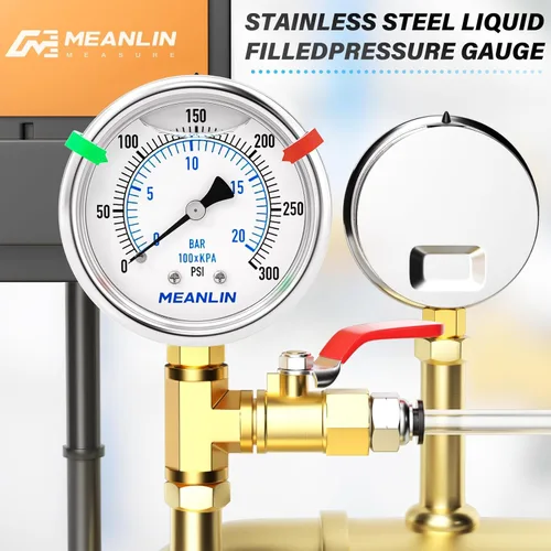 Miniatura 32 de MEANLIN MEASURE Medidor de presión de acero inoxidable relleno de líquido de 0 ~ 300 psi, esfera de cara NPT de 2 pulgadas para compresor de aire