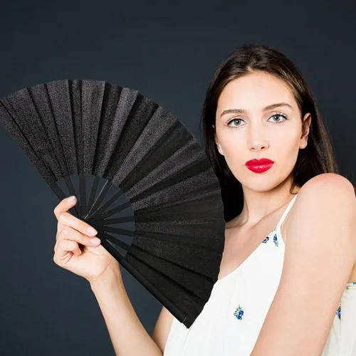 Miniatura 6 de QCWN Ventilador de mano plegable grande con purpurina negra, ventilador de estallido para fanáticos de baile de línea para botas en el suelo, baile