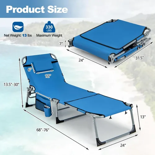 Miniatura 3 de Tangkula Sillón de playa, silla de bronceado plegable al aire libre con agujero para la cara/brazo, 2 asas de transporte, almohada, respaldo Azul