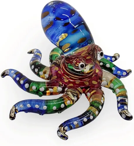 Miniatura 25 de WitnyStore Figura pequeña de pulpo arcoíris punteado dorado de 5½ pulgadas, pulpos de vidrio soplado a mano, calamares, sepia, moluscos marinos
