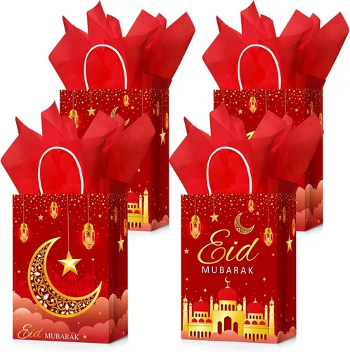 Miniatura 8 de Censen 16 juegos de bolsas de regalo de Eid Mubarak con papel de seda, bolsas de golosinas de Ramadán para suministros de fiesta de Ramadán (azul)