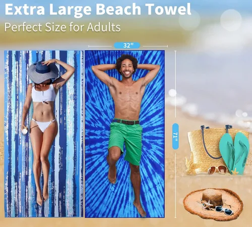 Miniatura 66 de Paquete de 2 toallas de playa ligeras y delgadas de gran tamaño de 71 x 32 pulgadas, toallas grandes de microfibra extra grandes sin arena