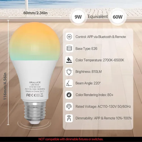 Miniatura 2 de ORALUCE Bombillas LED de control remoto equivalente a 60 W, bombillas regulables de 2700-6500 K, base E26, bombilla inteligente Bluetooth A19