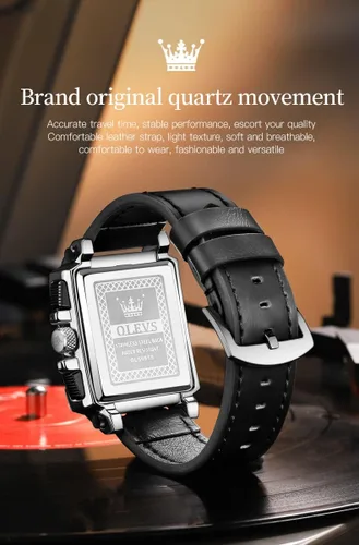 Miniatura 5 de OLEVS Relojes cuadrados para hombre, cronógrafo de cuero marrón, reloj de negocios de moda, luminoso, impermeable, relojes de pulsera casuales