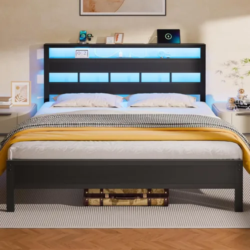 Miniatura 10 de Furnulem Base de cama individual con estación de carga y luces LED, cama de plataforma de tamaño individual con listones de metal, cabecera de Roble