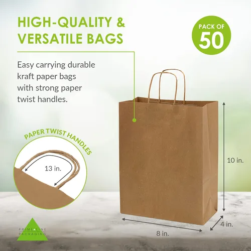 Miniatura 4 de Bolsas de papel kraft de Prime Line Packaging, bolsas de regalo marrones con asas, pequeñas bolsas de compras artesanales al por mayor