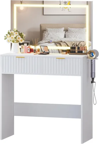 Miniatura 8 de Escritorio estriado con espejo y luces, tocador de maquillaje con 2 cajones, 3 modos de iluminación de brillo ajustable, tocador para dormitorio