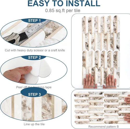 Miniatura 8 de 10 hojas de escamas de pescado para despegar y pegar para azulejos de pared de cocina, 12 pulgadas, mármol marrón, mezcla de metal dorado, azulejos