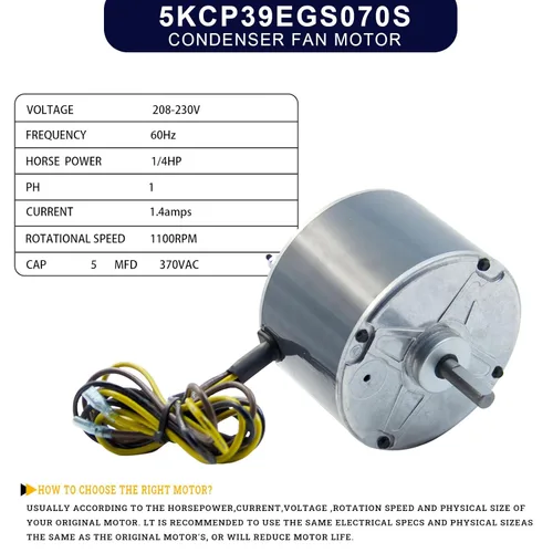 Miniatura 2 de Motor de ventilador de condensador 5KCP39EGS070S de 1/4 HP, 1100 RPM, 48 marcos, 208-230V repuesto compatible con GE3905, 5KCP39EGY823S, HC39GE237