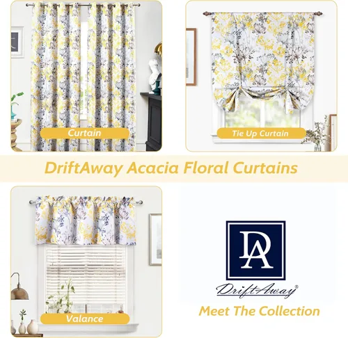 Miniatura 5 de Cortinas DriftAway 100% Blackout Amarillas y Blancas para Sala de Estar, Dormitorio, Cocina, 84 Pulgadas de Largo, Paneles Botánicos con Flores