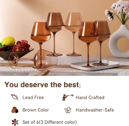Miniatura 3 de Juego de copas de vino Physkoa Venus de 6 - 532ml Copas de vino ámbar sopladas a mano con tallo, copas de vino de color melanina única, cristalería
