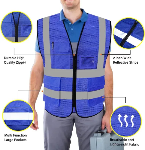 Miniatura 3 de FEimaX Chaleco de seguridad de alta visibilidad, chaleco de trabajo reflectante de malla para hombres y mujeres con bolsillos y cremallera, cumple