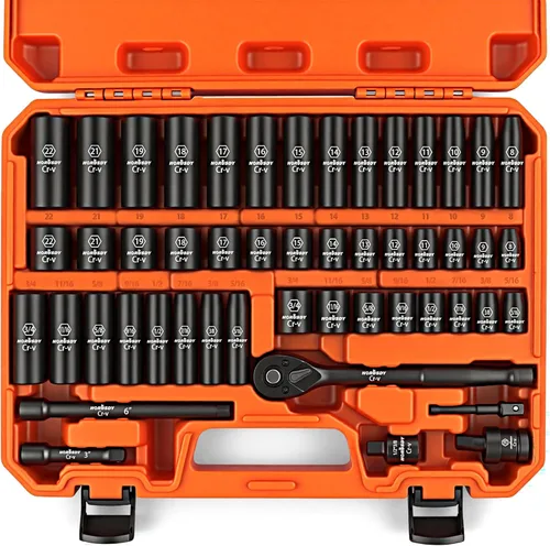 Miniatura 9 de HORUSDY Juego de dados de impacto poco profundo de 1/2 pulgada, SAE de 24 piezas (7/16"-1") y métricas (13-24mm), 6 puntos, Cr-V, incluye mango