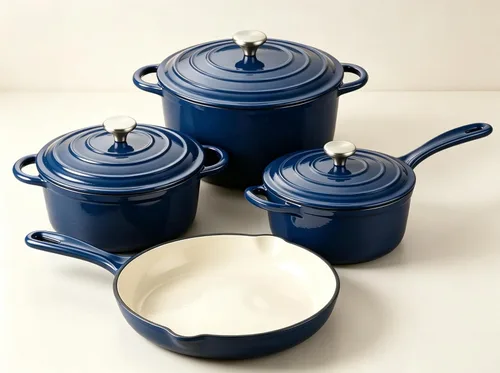 QuliMetal Juego de utensilios de cocina de hierro fundido esmaltado antiadherente, sartén - juego de 7 piezas de ollas y sartenes con tapa, olla
