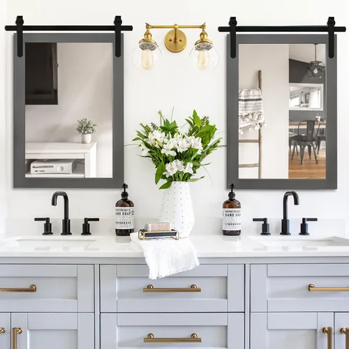 Miniatura 2 de Clavie Espejo de pared rústico con marco de madera horizontal, espejo de baño con marco de madera, espejo decorativo estilo puerta de granero, 22 x