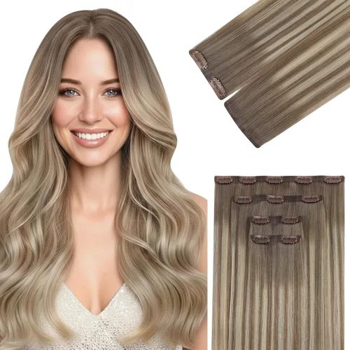 Miniatura 36 de Ve Sunny Extensiones de cabello clip-in de cabello humano real con reflejos, extensiones de cabello con clip para cabello corto, marrón oscuro