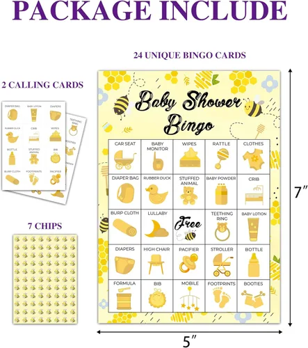 Miniatura 7 de Baby Shower Bingo - Juego temático de abeja para 24 jugadores para adultos y fiestas de revelación de género