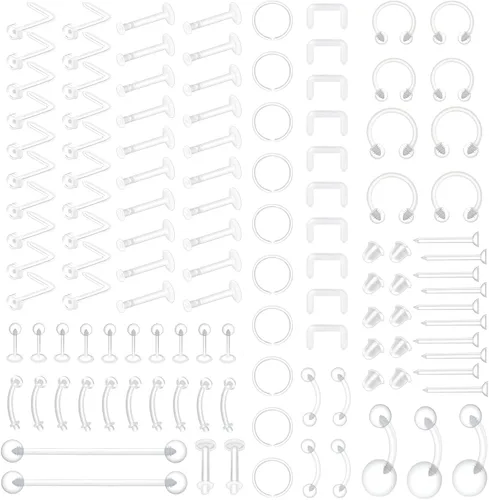 Kit de 109 piezas de retenedores de piercings transparentes, nariz, tabique, ceja, labio, labio, labio, lengua, vientre, tragus, cartílago, anillos