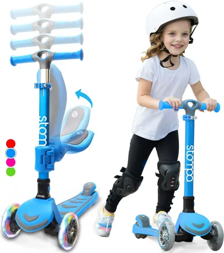 Stompa Scooter for Kids 2-in-1 Light Up 3 Wheel Scooters with 4 Levels Adjustable Handlebar, Foldable Seat, Widen No-Slip Deck for Girls & Boys Ages