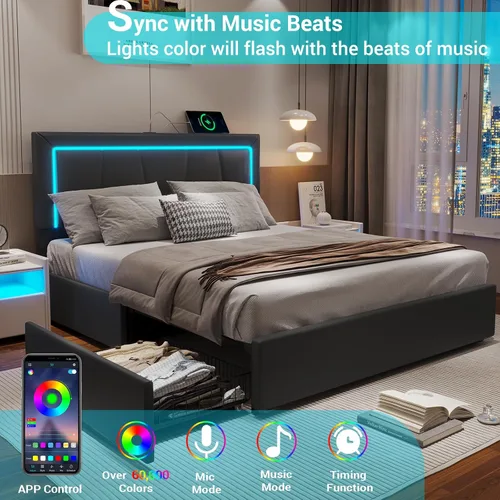 Miniatura 3 de Hasuit Marco de cama Full con 4 cajones de almacenamiento debajo, cama de plataforma tapizada tamaño Full con cabecera de cuero artificial, cama