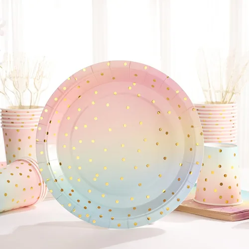 Miniatura 7 de Suministros de fiesta pastel arco iris pastel platos de papel para fiestas, vasos, servilletas, juego de vajilla para decoraciones de fiesta pastel