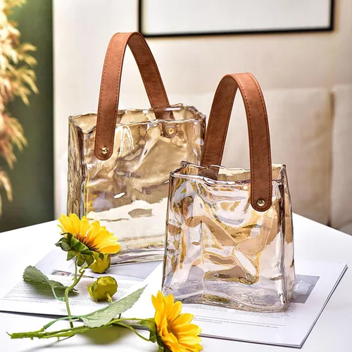 Miniatura 6 de Cuero hecho a mano - Bolso de mano - Estilo florero de cristal - Elegancia simple para tu espacio (ámbar)