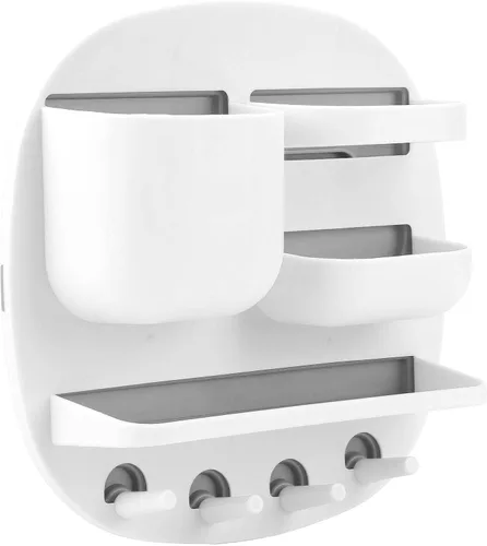 Miniatura 9 de Estante de montaje en pared, organizador de accesorios de mesita de noche con ganchos, almacenamiento adhesivo para teléfono, control remoto, Rosa