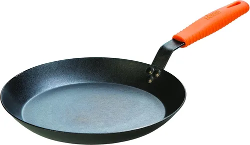 Lodge - Sartén de acero para carbón con manija de soporte de silicona y color naranja, 12", Negro/Anaranjado