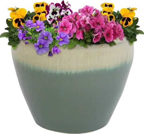 Miniatura 13 de Sunnydaze Maceta grande de cerámica redonda - Maceta de planta exterior esmaltada con drenaje - Chalet - Verde oscuro - 14.5