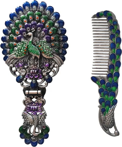 Rayberro Espejo de mano vintage con juego de peine, espejo de mano vintage de pavo real en relieve metálico, espejo de maquillaje para la cara,