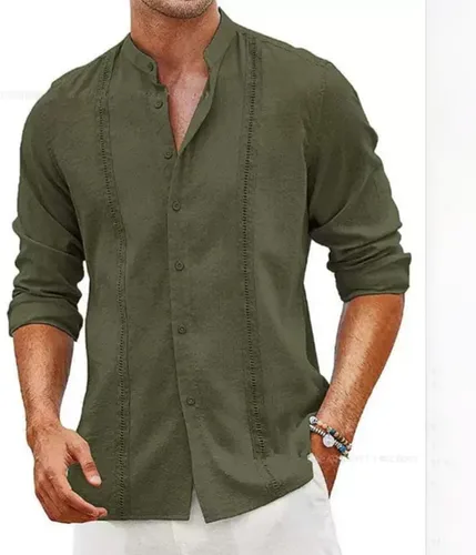 Miniatura 2 de Camisa de manga larga para hombre, sin cuello, ligera, transpirable, Guayabera Cuba camisa con botones para la playa Verde militar