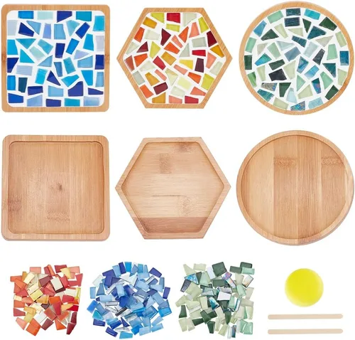 Miniatura 10 de WEBEEDY Juego de 3 posavasos de mosaico para manualidades, kits de mosaico de colores mixtos de vidrio con posavasos de bambú para adultos