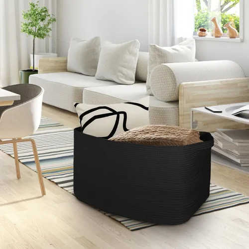 Miniatura 5 de Cesta negra extragrande, contenedor rectangular tejido de 22 x 17 x 12 pulgadas para almacenamiento, cuerda de algodón suave para habitación