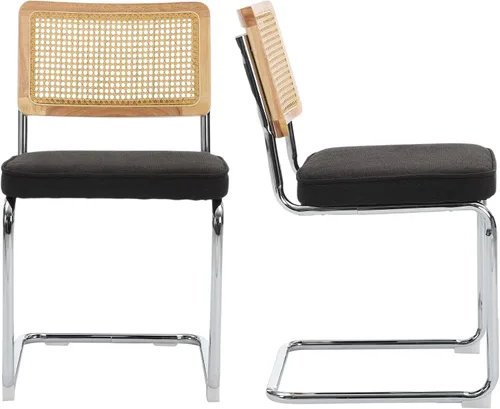 Miniatura 19 de ODUSE-DAILY Black Modern Rattan Dining Chairs Set of 4, Linen Fabric Upholstered Kitchen & Dining Room Chairs Set of 4, Sillas de Comedor, Cane