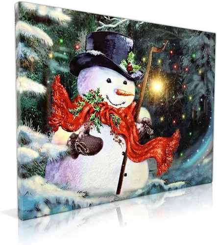 Miniatura 3 de Lienzo de muñeco de nieve iluminado con linterna LED, impresión de escena de invierno de Navidad, decoración navideña para colgar en la pared