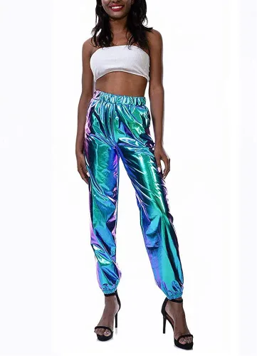 Miniatura 2 de Kaipiclos Pantalones deportivos reflectantes para mujer, metálicos, brillantes, estilo hip hop, harem, leggings holográficos (azul, 2XL), Azul