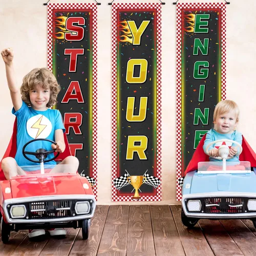 Miniatura 6 de Tiamon 3 pancartas para fanáticos de las carreras, decoración de cumpleaños de coches de carreras, bandera colgante a cuadros, bandera de camión