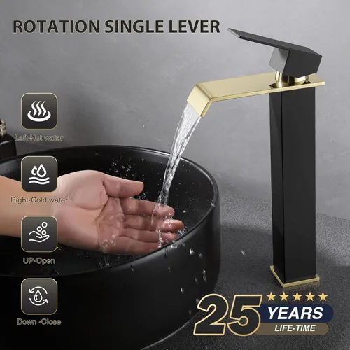Miniatura 4 de Grifo de Lavabo Negro y Dorado, Grifo de Baño Alto de Un Solo Agujero, Hecho de Acero Inoxidable SUS304 Moderno, Incluye Drenaje Desplegable