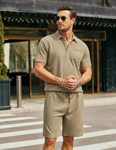 Miniatura 43 de COOFANDY Conjunto de camisa polo y pantalones cortos de punto gofre para hombre, conjunto de 2 piezas, traje de verano casual con bolsillos