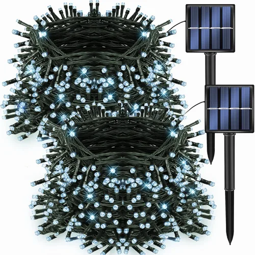 Dazzle Bright Paquete de 2 tiras solares de Navidad blancas de 400 LED de 132 pies para exteriores, funciona con energía solar con 8 modos de luces